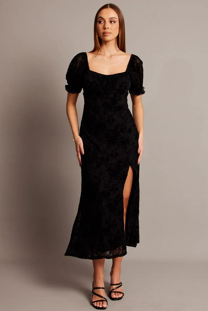 Soft-touch day dress Light Air Black Midi Dress Puff Sleeve Burn Out
