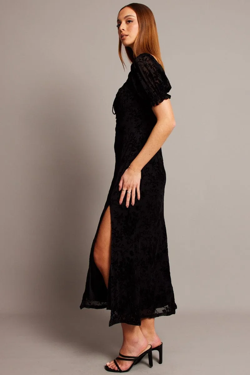 Wardrobe Staple Everyday Smart Black Midi Dress Puff Sleeve Burn Out