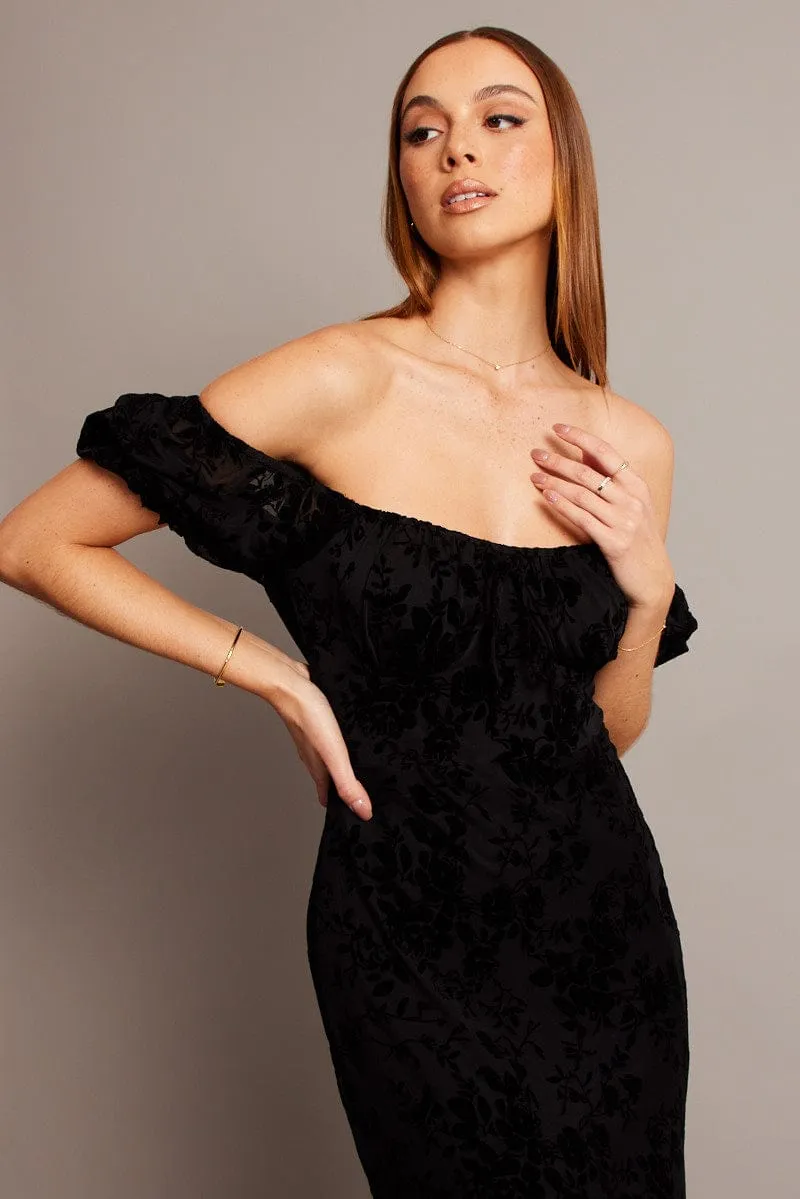 Black Midi Dress Puff Sleeve Burn Out Friend Wedding Daily Comfort