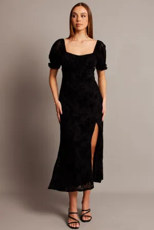 Soft-touch day dress Light Air Black Midi Dress Puff Sleeve Burn Out