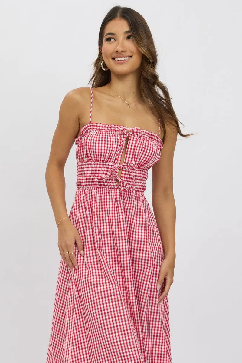 Red Check Midi Dress Ribbon Detail Strappy Nordic Edge Day Off Style