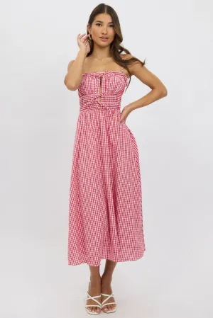 Tram Ride Red Check Midi Dress Ribbon Detail Strappy