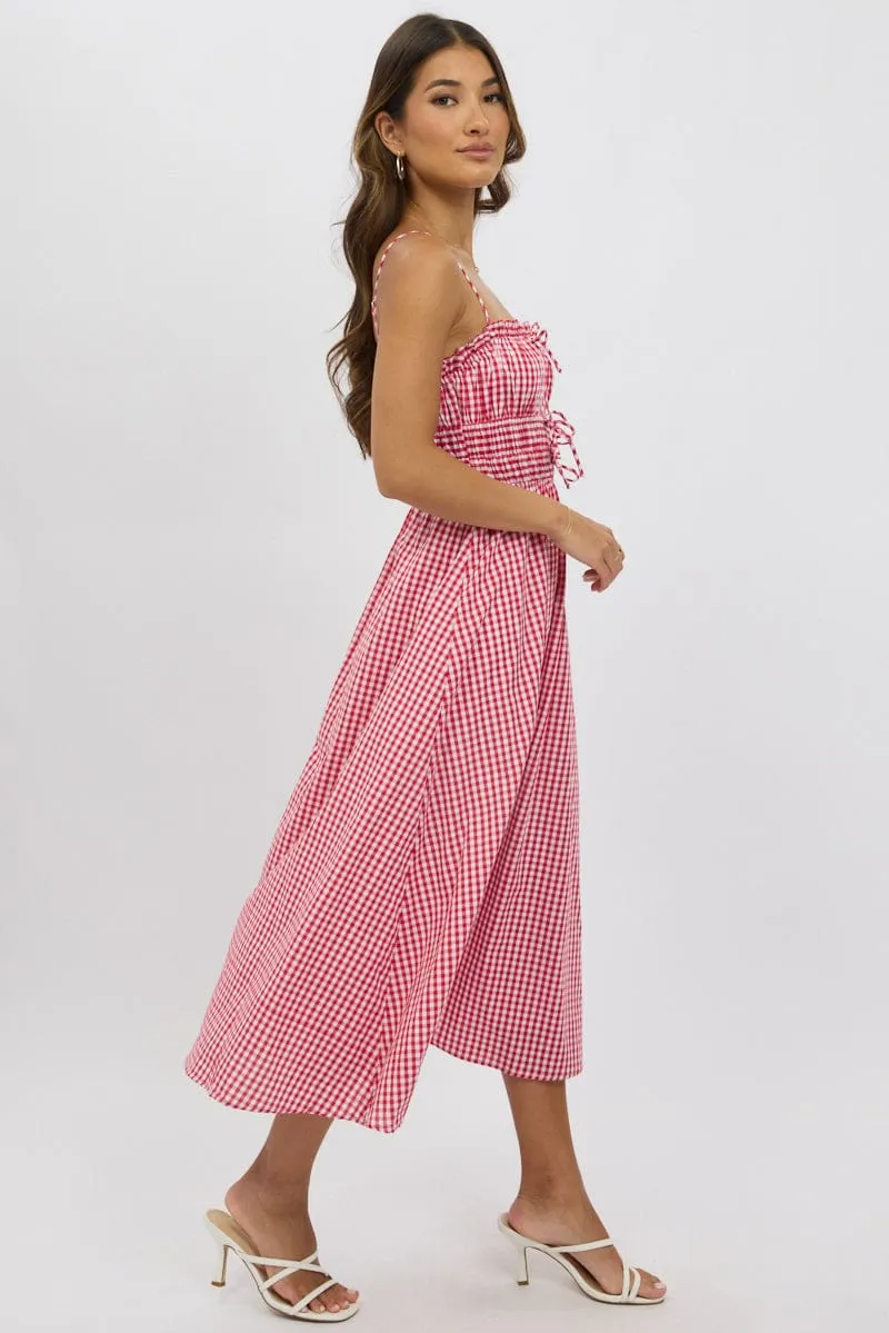 Red Check Midi Dress Ribbon Detail Strappy Day to Night Design