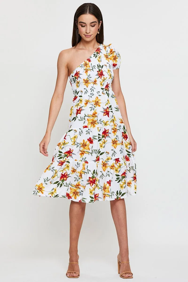 Classic Woman Black Print Midi Dress One Shoulder Short Sleeve