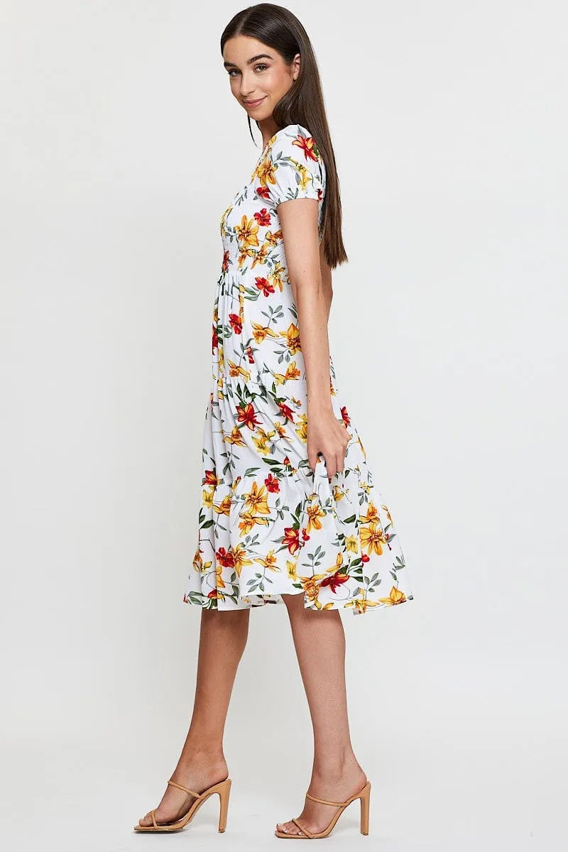 Day to Night Design Everyday Comfort Black Print Midi Dress One Shoulder Short Sleeve