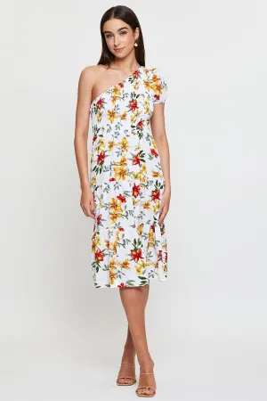 Black Print Midi Dress One Shoulder Short Sleeve american casual