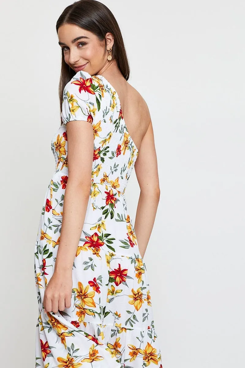 Smart Design Black Print Midi Dress One Shoulder Short Sleeve