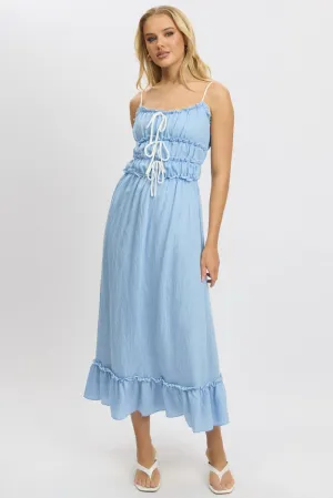 Easy Style Blue Midi Dress Contrast Tie