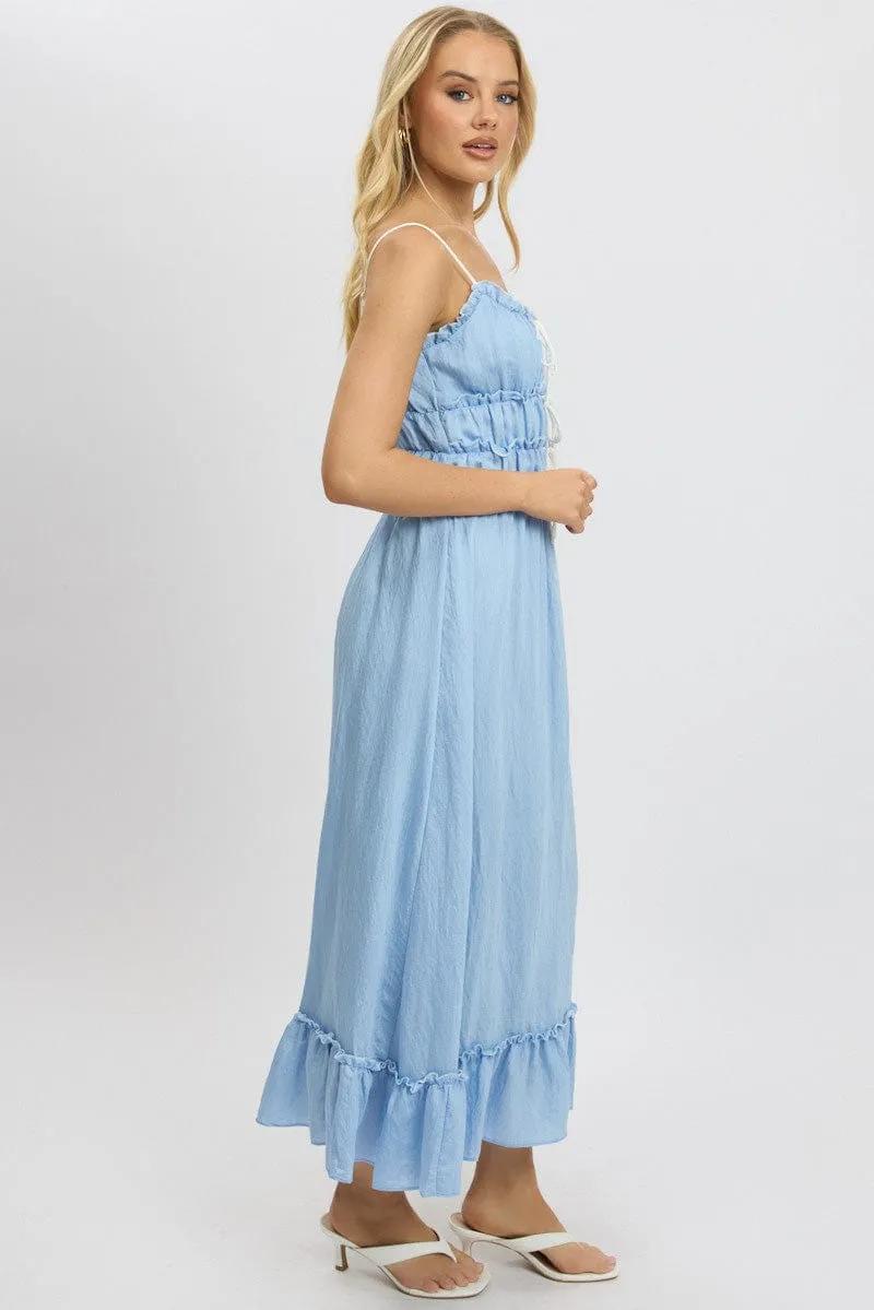 american casual Blue Midi Dress Contrast Tie