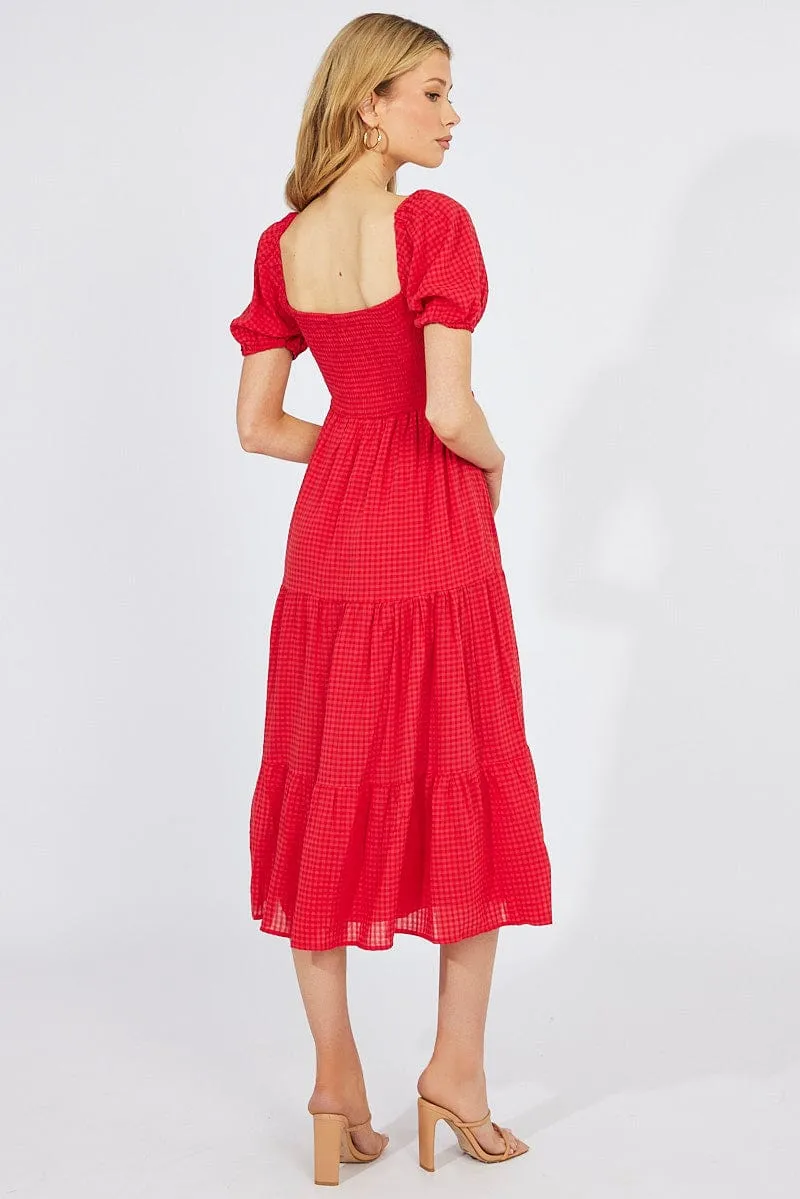 Quick Layer Poetic Mood Red Midi Dress Short Sleeve Shirred