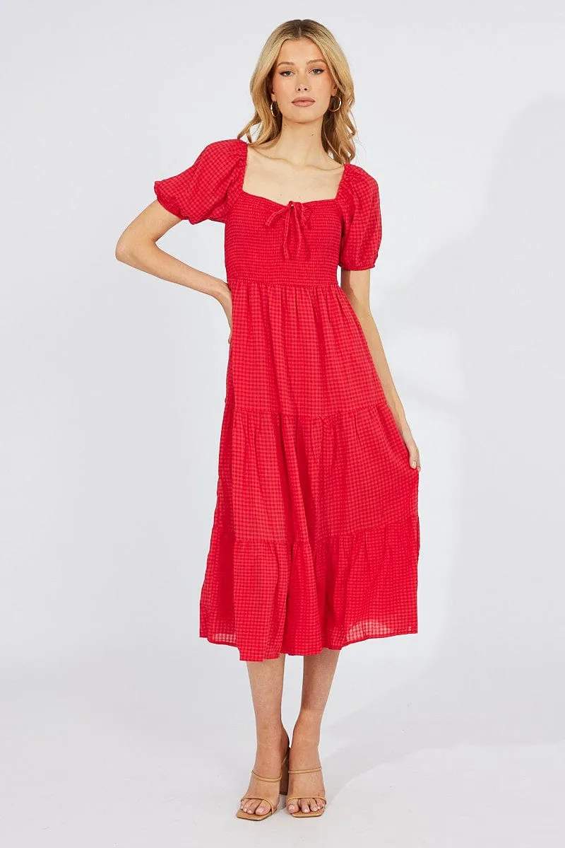 Red Midi Dress Short Sleeve Shirred Seasonal Wardrobe Boho Soul