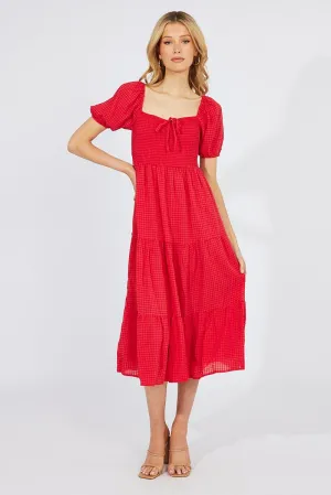 Red Midi Dress Short Sleeve Shirred Seasonal Wardrobe Boho Soul