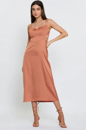 Brown Midi Dress Cowl Neck Satin Chiffon Air