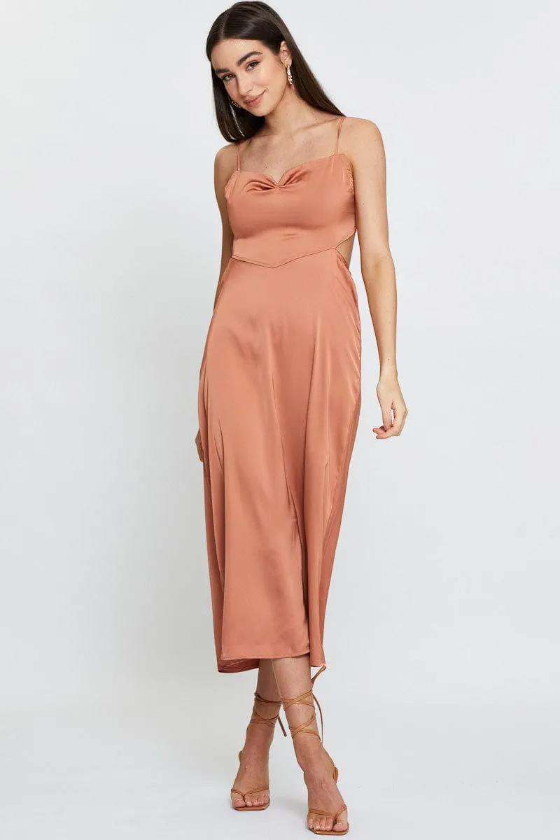 High-waisted midi dress Petal Drift Brown Midi Dress Cowl Neck Satin
