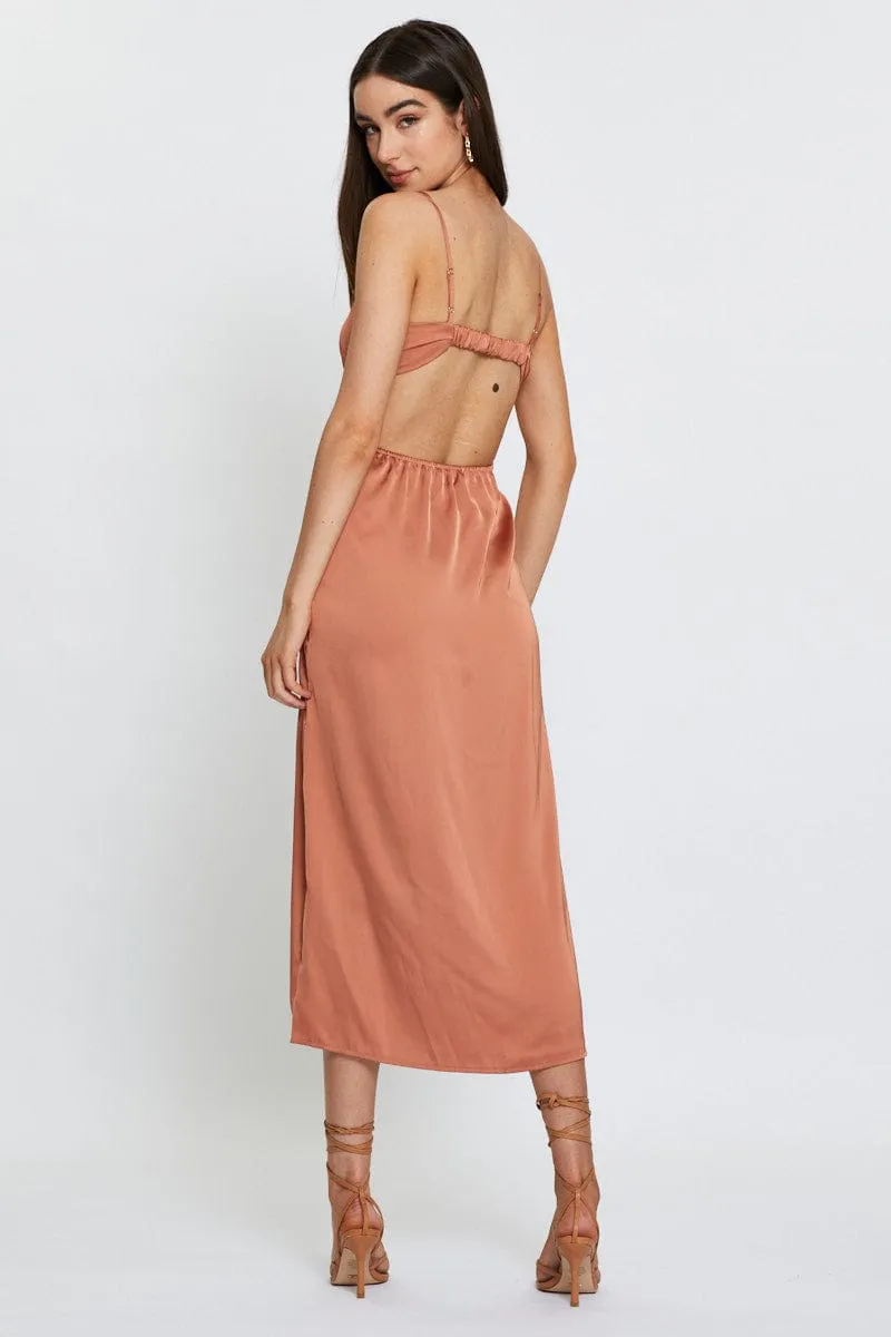 Brown Midi Dress Cowl Neck Satin Taxi Line