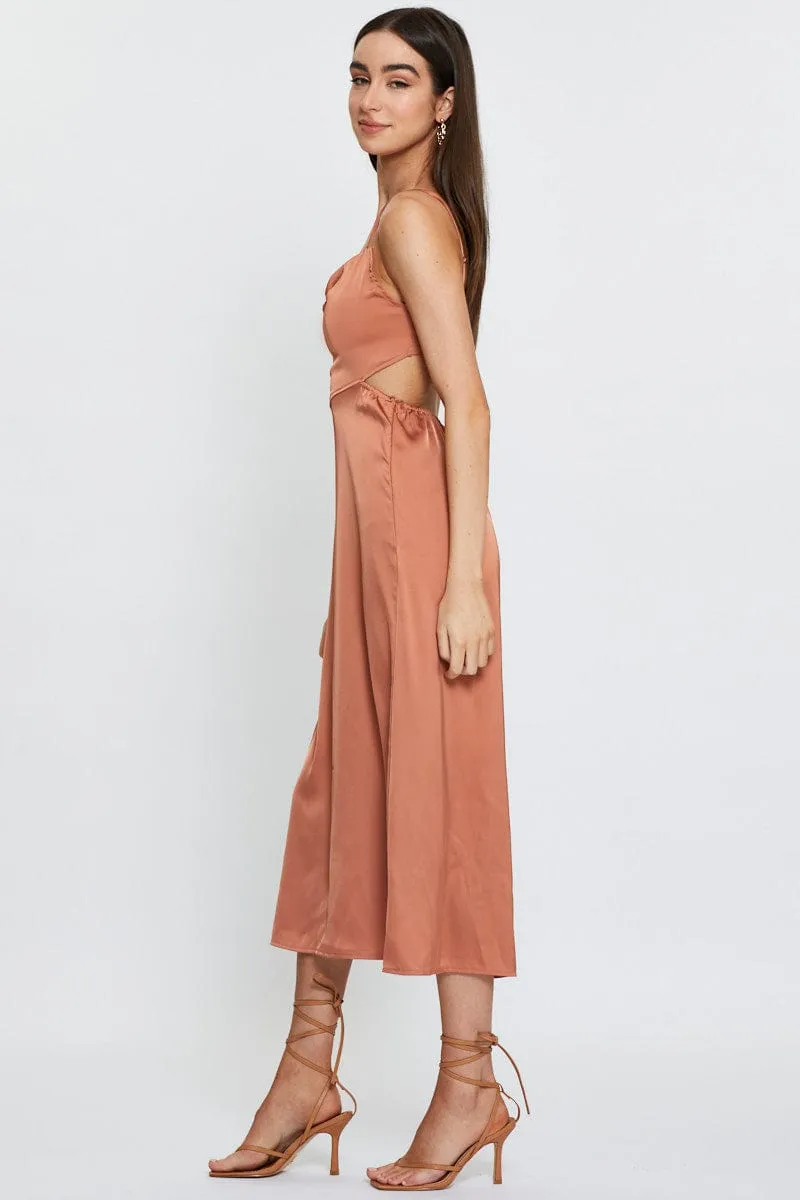 Brown Midi Dress Cowl Neck Satin Linen Cool