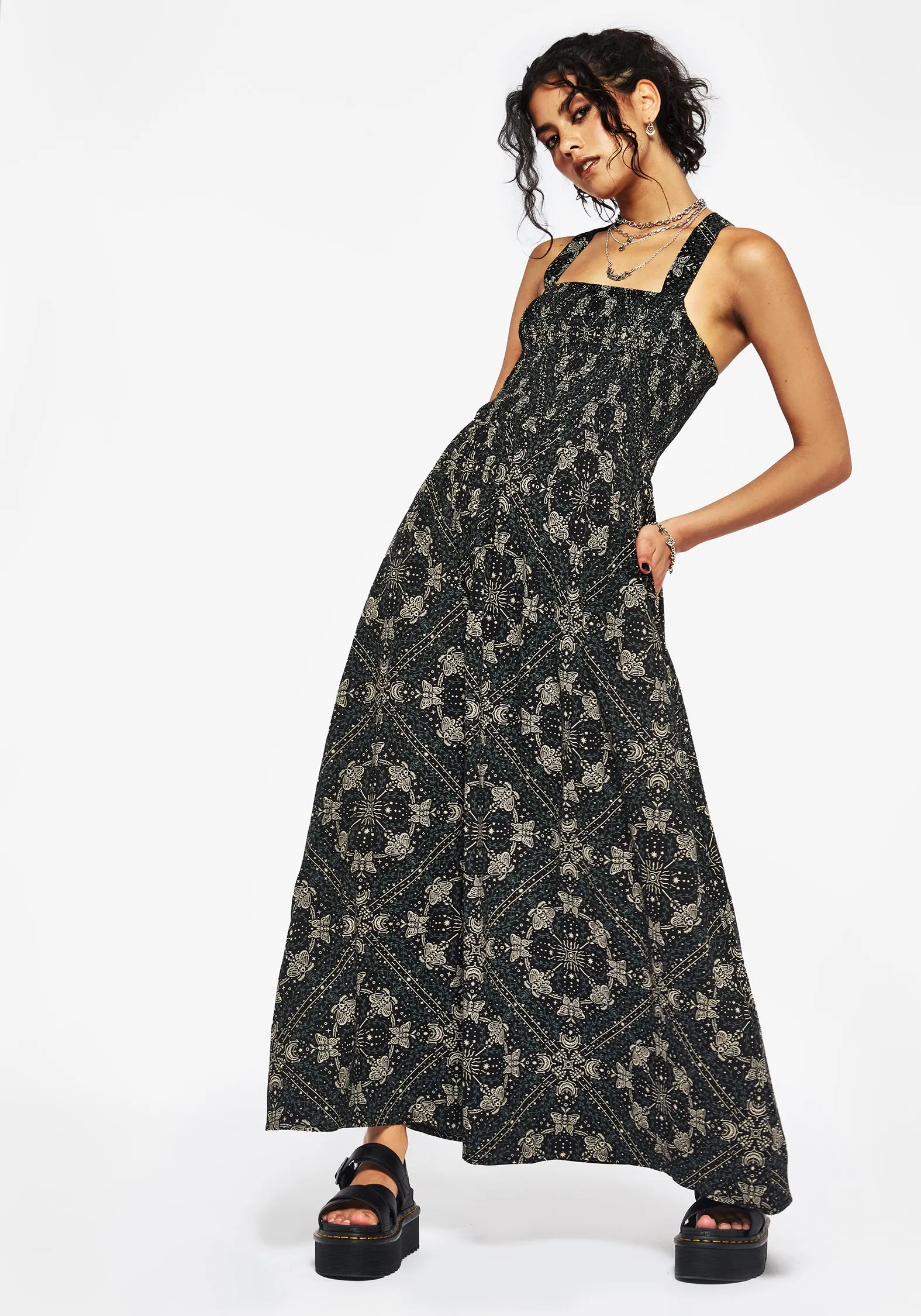 Poem Moth Print Cami Midaxi Dress Designed to complement every body shape this dress enhances your natural silhouette Casual yet chic floor-length dress