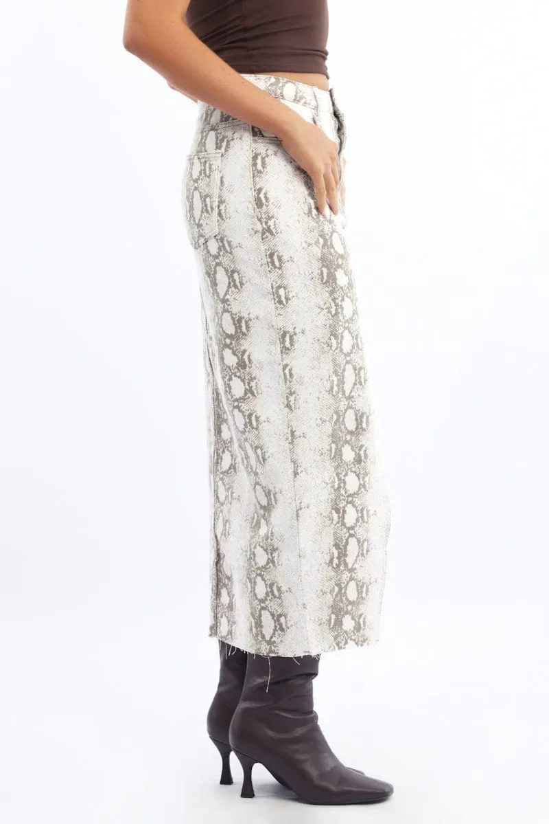 Edgy Look Dust Proof Fabric Beige Animal Print Snake Skin Skirt High Rise Front Split