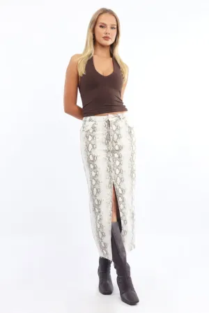 Drawstring closure Beige Animal Print Snake Skin Skirt High Rise Front Split