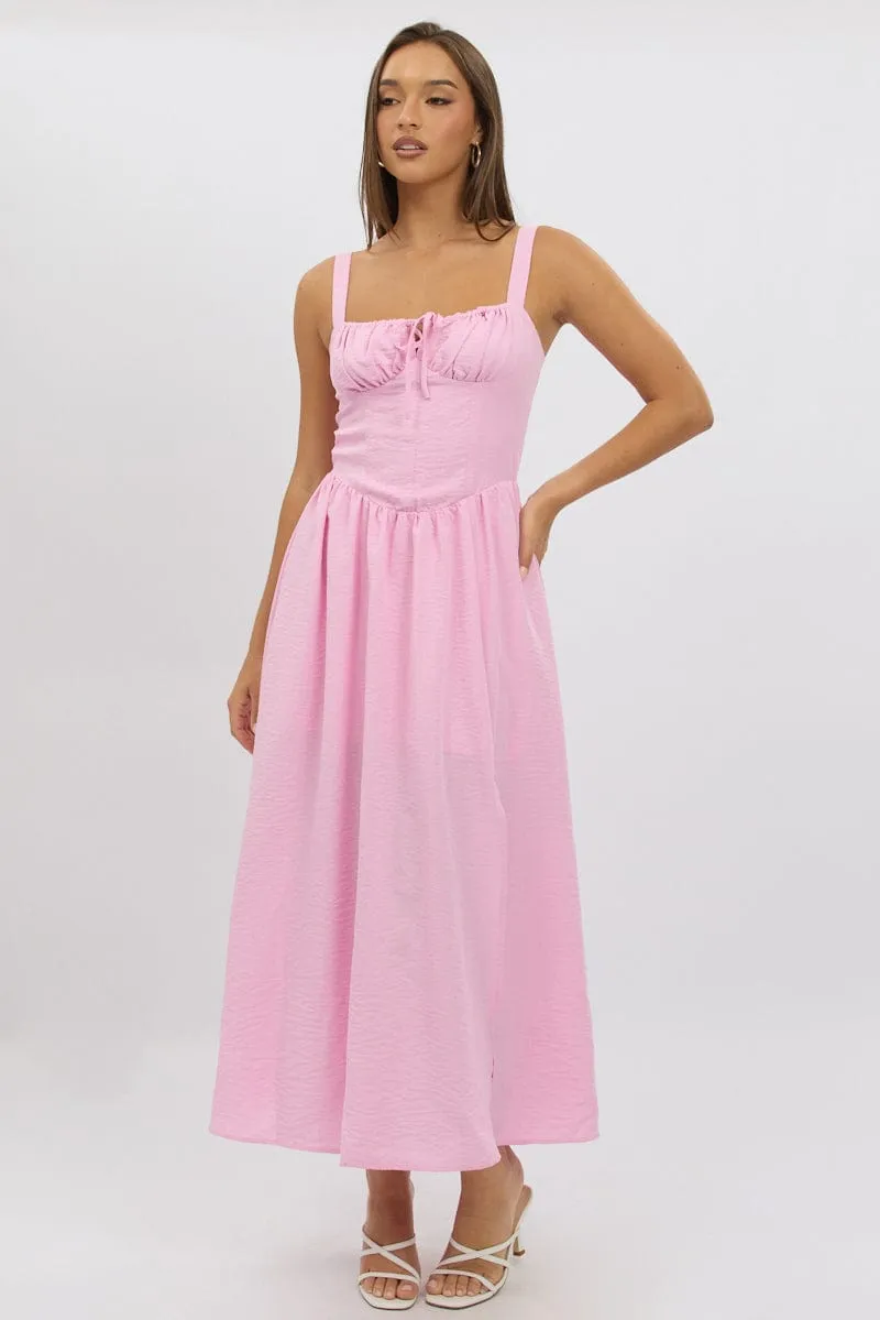 Pink Midi Dress Gathering Bust Corset Detail Plus Fit