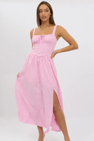 Pink Midi Dress Gathering Bust Corset Detail Evening Glam Poetic Mood