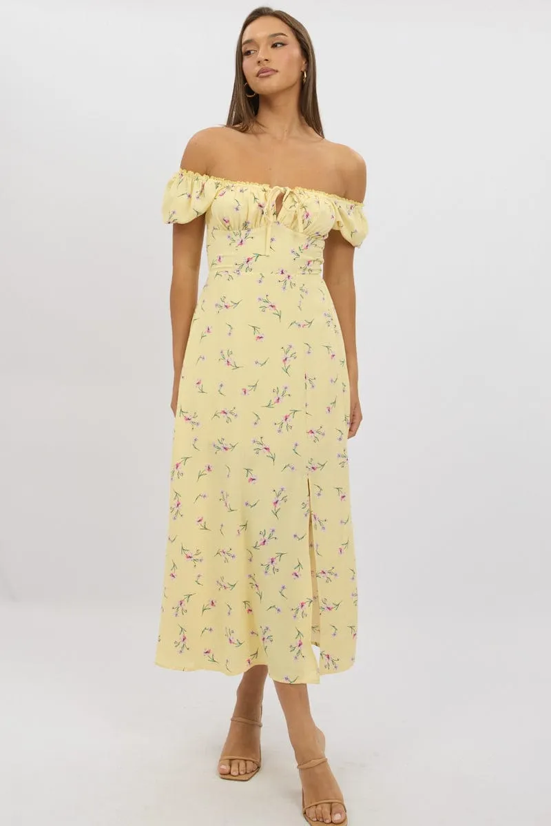 Yellow Floral Midi Dress Ruched Bust Flattering wear