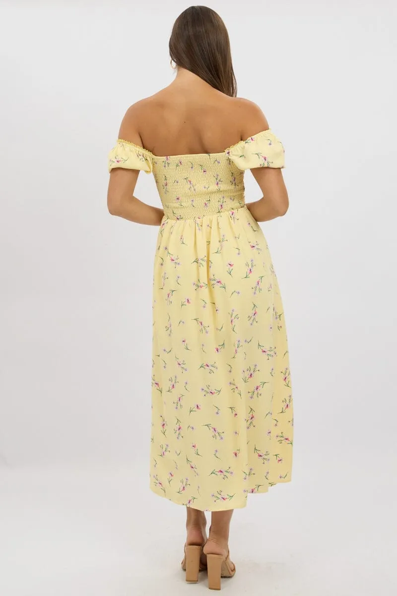 Quick Change Yellow Floral Midi Dress Ruched Bust