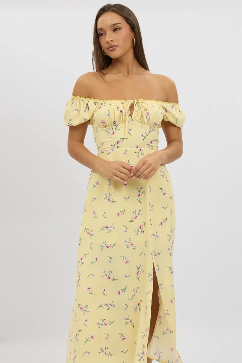 Polished Comfort Yellow Floral Midi Dress Ruched Bust
