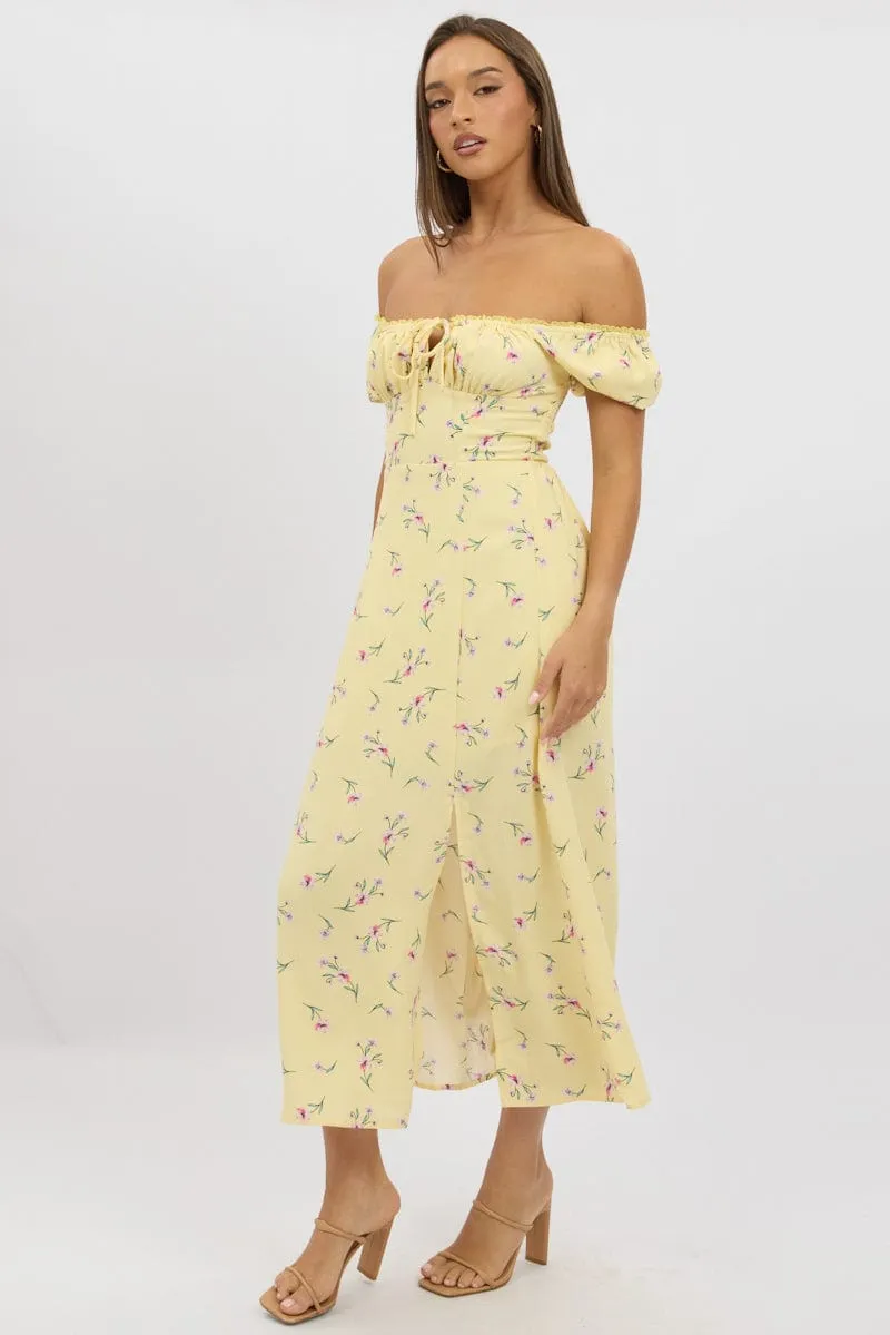 Yellow Floral Midi Dress Ruched Bust Effortless Style