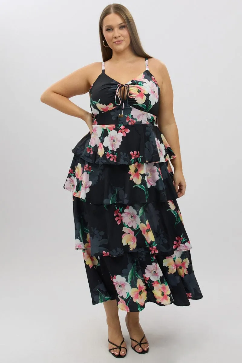 Black Floral Maxi Dress Sleeveless Ruched Bust Tiered Free Walk
