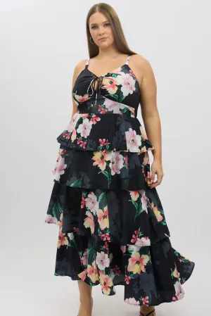 Roof View The flattering cut of this dress creates a polished appearance without being overly fussy Black Floral Maxi Dress Sleeveless Ruched Bust Tiered