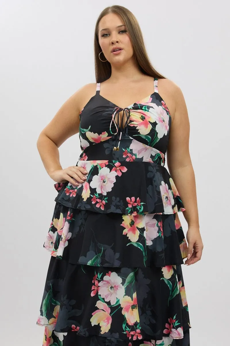 Black Floral Maxi Dress Sleeveless Ruched Bust Tiered Wave Crest