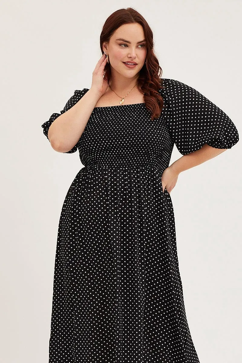 Polka Dot Midi Dress Scoop Neck Short Sleeve Voile Glow