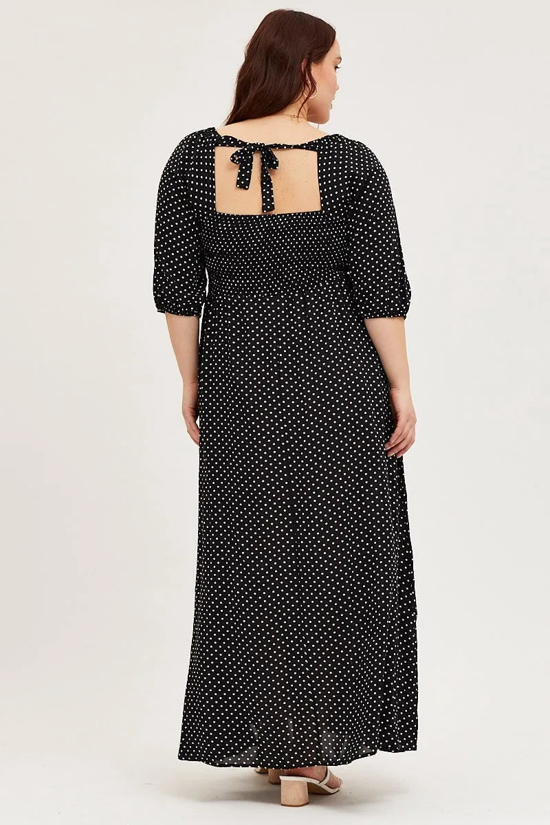 Cool Air Wood Bridge Polka Dot Midi Dress Scoop Neck Short Sleeve