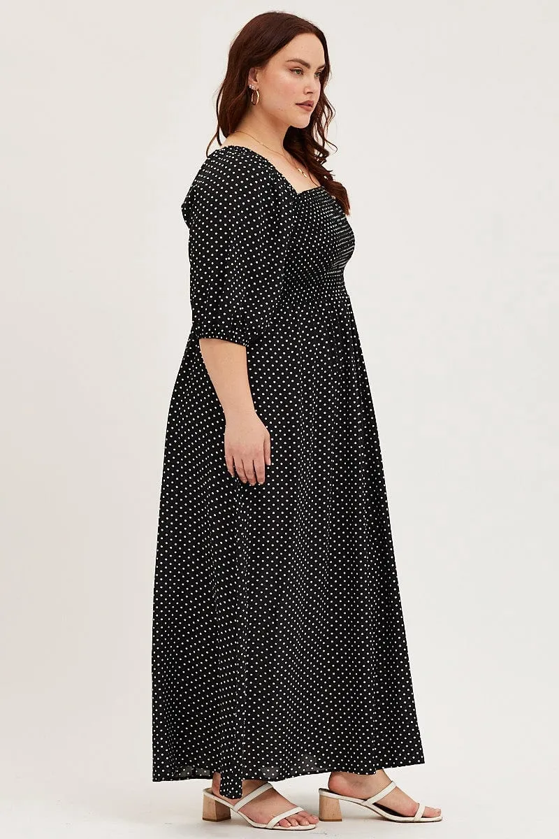 Print Allover Orchard Walk Polka Dot Midi Dress Scoop Neck Short Sleeve