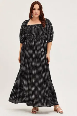 french chic Versatile maxi with accessories Polka Dot Midi Dress Scoop Neck Short Sleeve