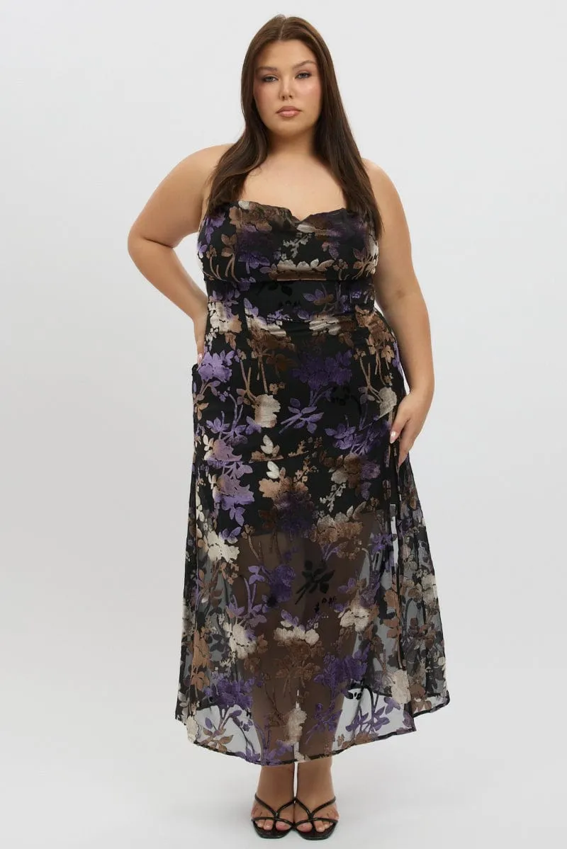 Purple Floral Maxi Dress Sleeveless Cowl Neck Romantic resort wear Brick Glow