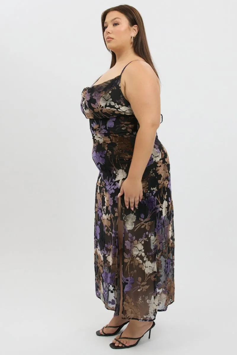 Long Sleeve Purple Floral Maxi Dress Sleeveless Cowl Neck