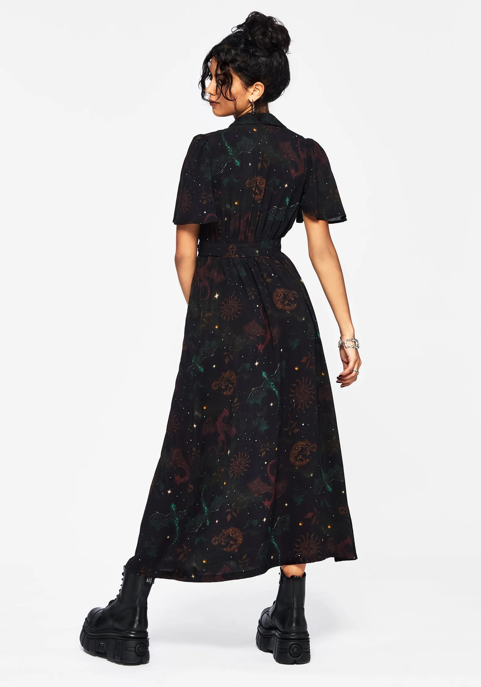 Phoenix Dragon Printed Wrap Midaxi Shirt Dress Wood Path Chambray Light
