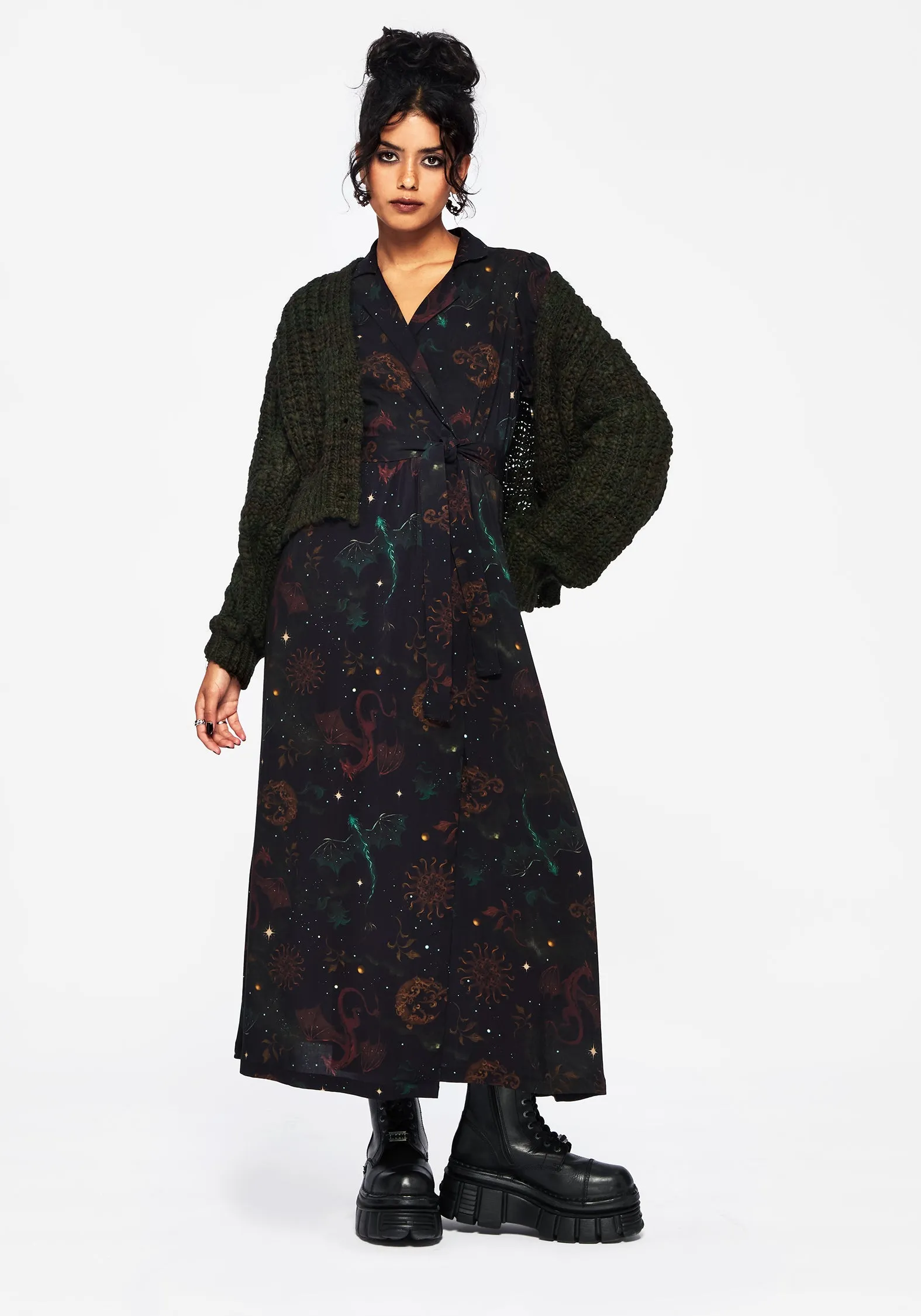 Phoenix Dragon Printed Wrap Midaxi Shirt Dress Quartz Shine