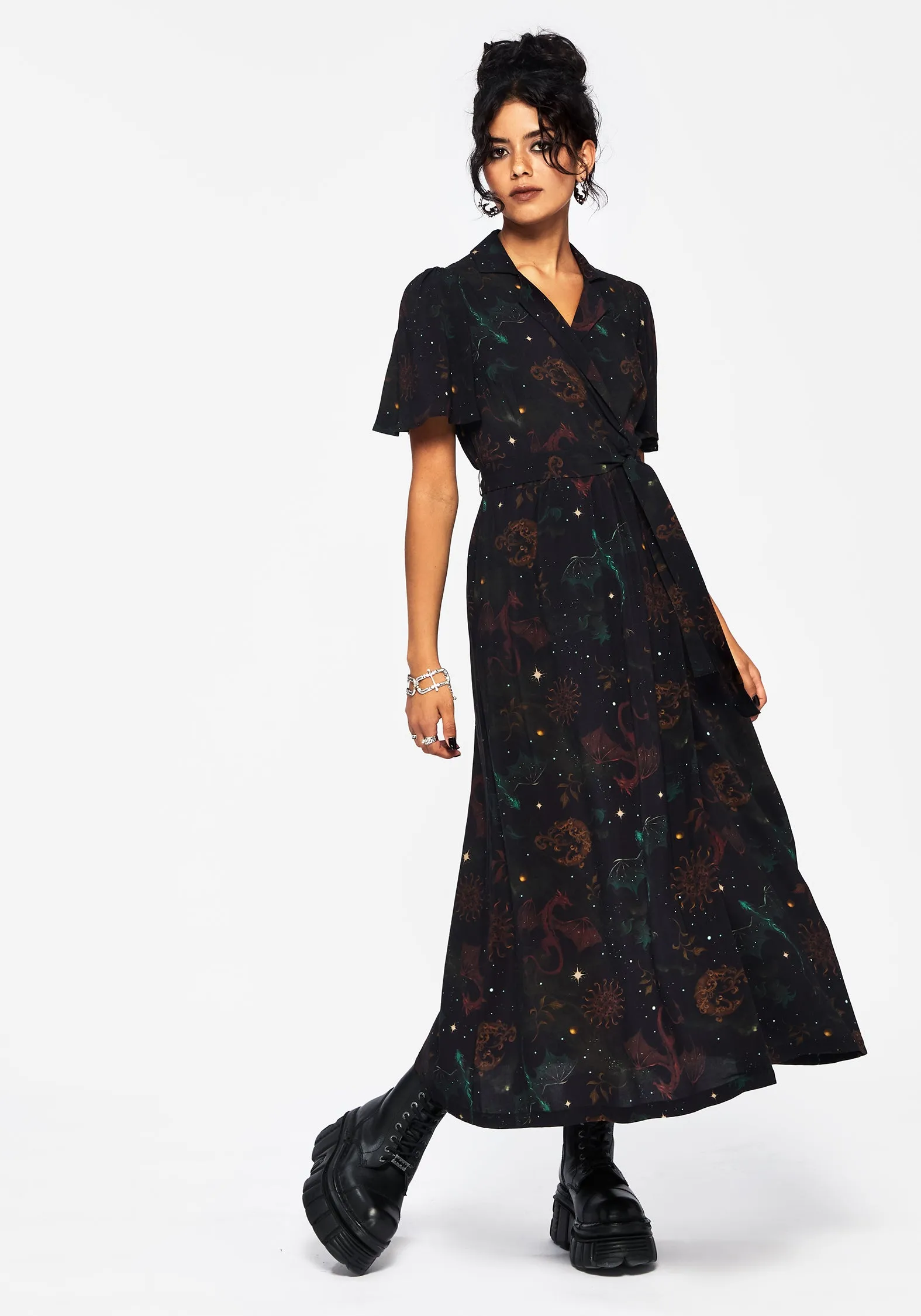 Gold Shine Coral Bay Phoenix Dragon Printed Wrap Midaxi Shirt Dress