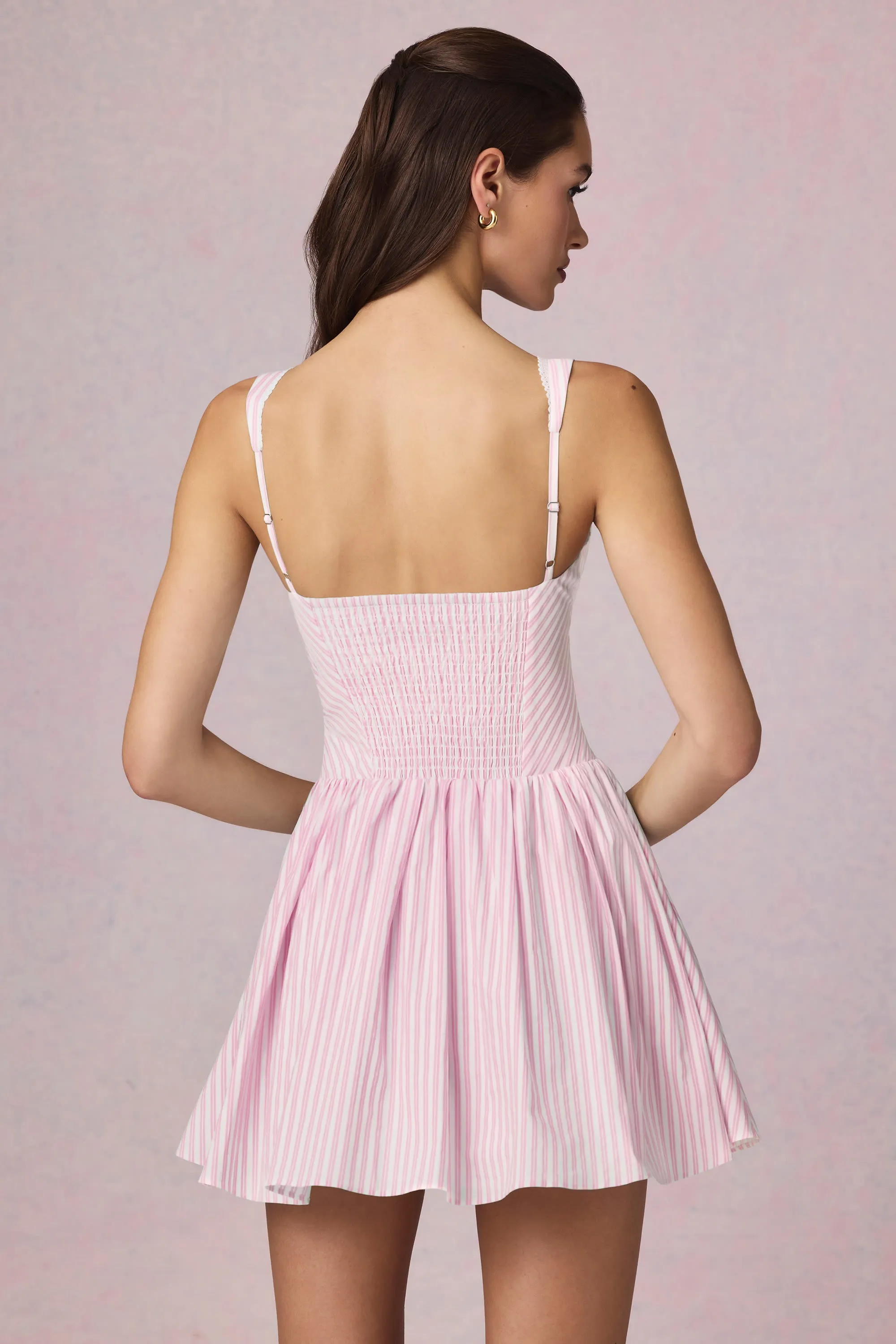 Bow-Detail A-Line Mini Dress in Soft Mauve Stripe Modern Muse
