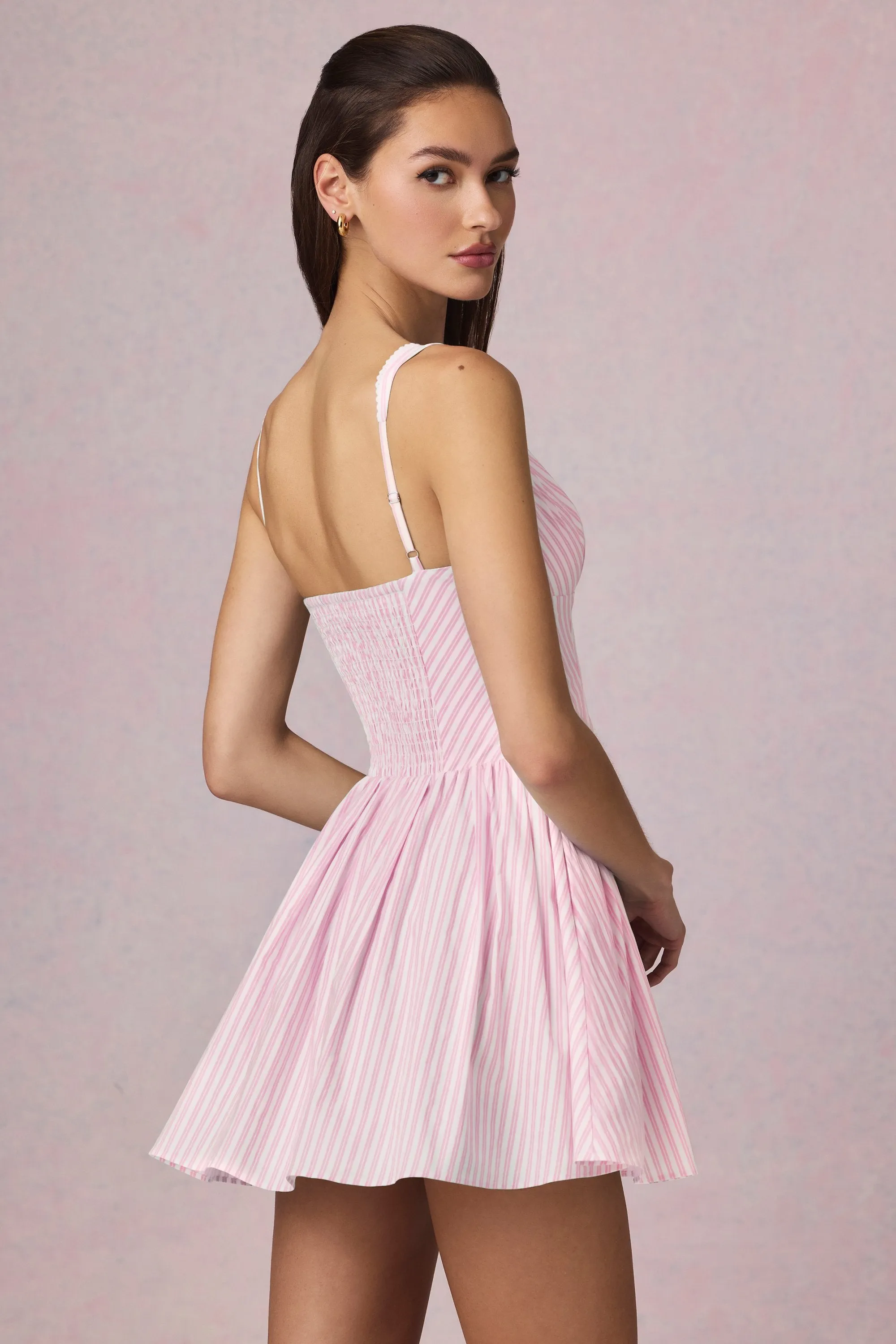 Full Circle Skirt Pattern Weekend Comfort Bow-Detail A-Line Mini Dress in Soft Mauve Stripe