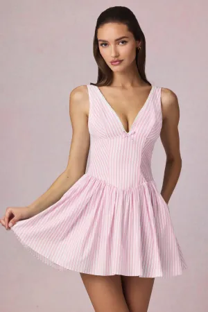 Bow-Detail A-Line Mini Dress in Soft Mauve Stripe Show Time Moisture Wicking Technology
