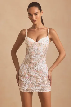 Convertible Neckline Bohemian style Embellished Camisole Bodycon Mini Dress in Ivory