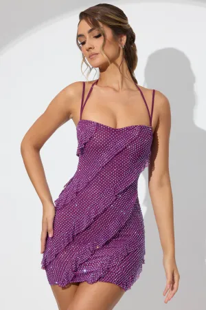 Embellished Ruffle Mini Dress in Plum Highlight Zone