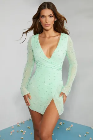 Embellished Wrap Over A-Line Mini Dress in Mint Hot Glow