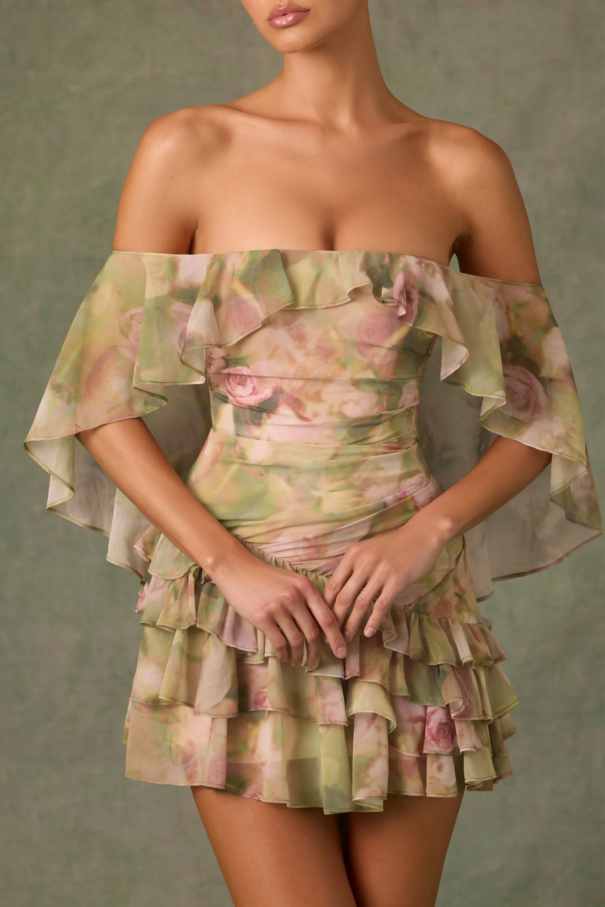 Off-Shoulder Ruffled Mini Dress in Floral Multi Print Layered Panel Design Magnetic Button Closure