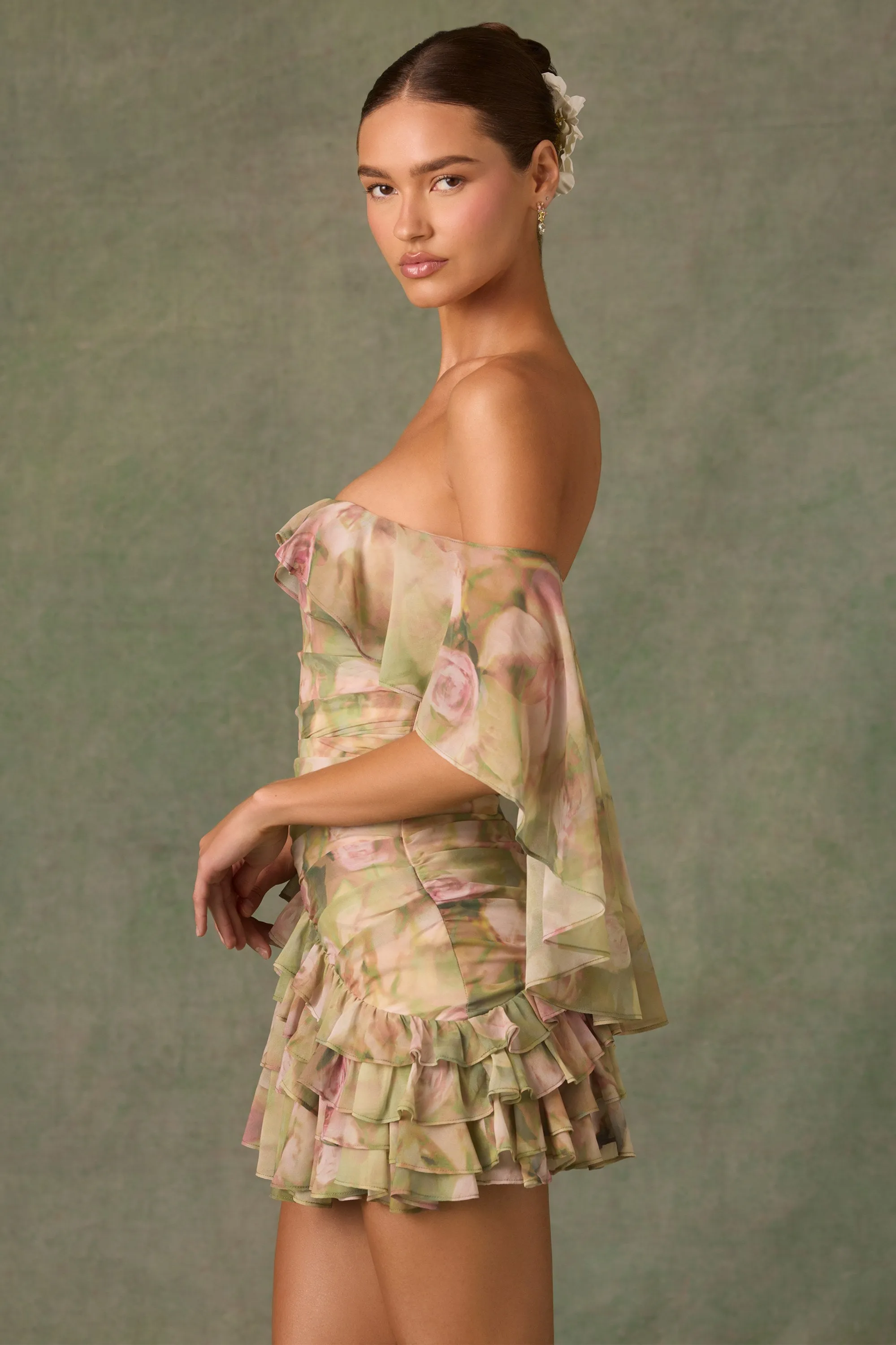 Casual chic outfit Off-Shoulder Ruffled Mini Dress in Floral Multi Print