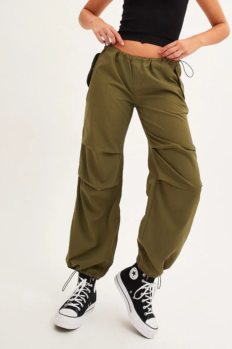 Green Cargo Parachute Low Rise Pants StretchWaistband Fashion Layer